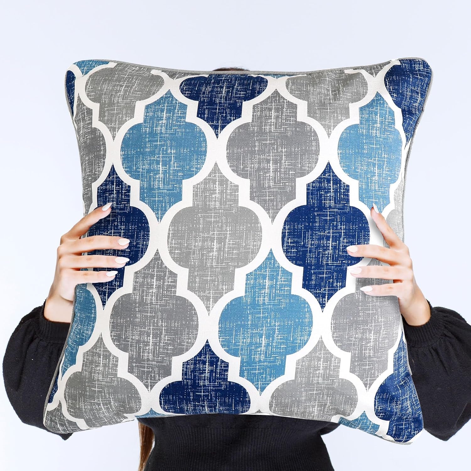 Throw Pillowcover Soft Chenille Print Moroccan Geometric 2-Sided Pattern Blue and Gray 20X20 Inch, Set of 2