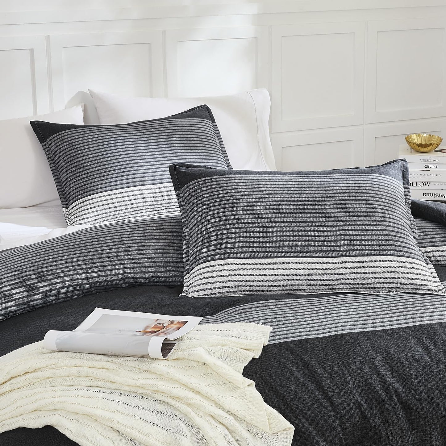 Queen Comforter Set Black - 3 Pieces Stripe Bedding Comforter Sets