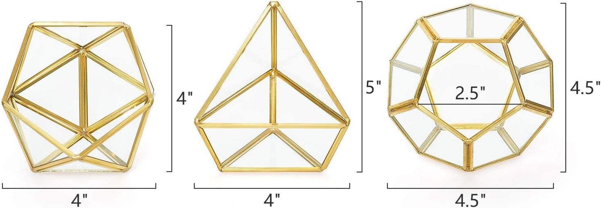 Artificial Succulent in 3 Pack Mini Glass Geometric Terrarium, Miniature Potted Faux Plant Bookshelf Desk, Gold