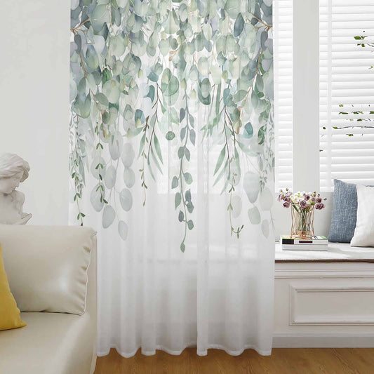 Teal Eucalyptus Leaves Semi Sheer Curtains Drapes, French Doors Window 54 Inches Long, Spring Floral Summer Botanical Rod Pocket Chiffon Curtain Drapery Voile Drape Panel