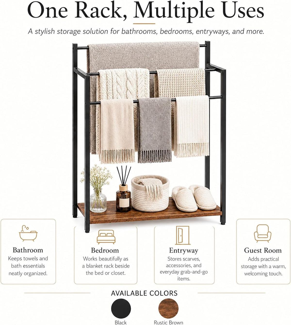 Freestanding Towel Rack with Rustic Brown Wood Shelf 24.8" 