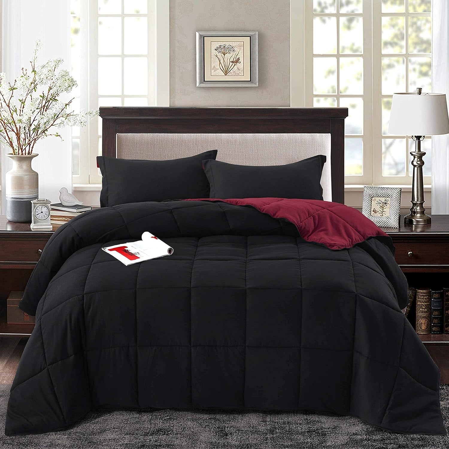 Reversible Comforter with Two Shams - Soft, Fluffy (Full/Queen, Black)