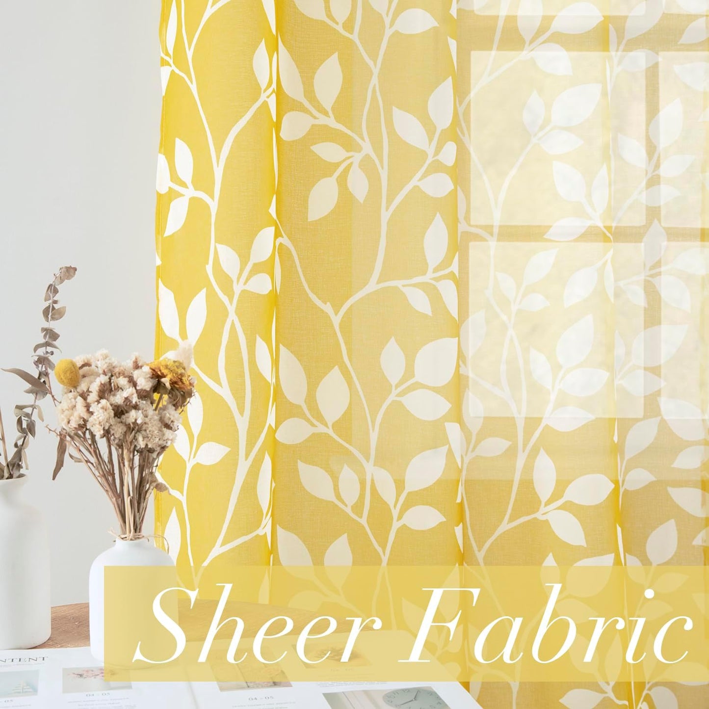 Yellow Sheer Pattern Curtains 84 Inches Long, Spring Decor Lightweight Leaf Floral Printed Curtains 2 Panels Set, Mustard Yellow and White