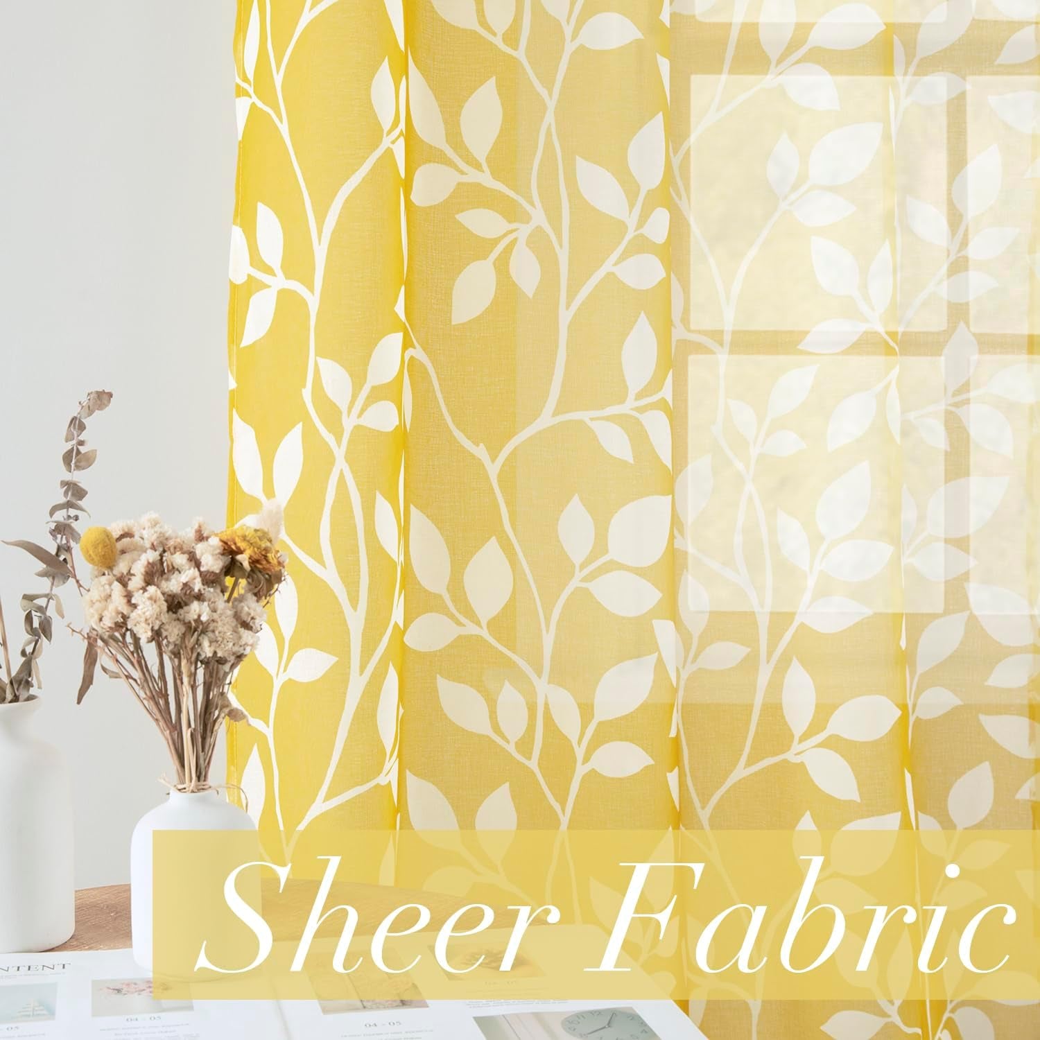 Yellow Sheer Pattern Curtains 84 Inches Long, Spring Decor Lightweight Leaf Floral Printed Curtains 2 Panels Set, Mustard Yellow and White