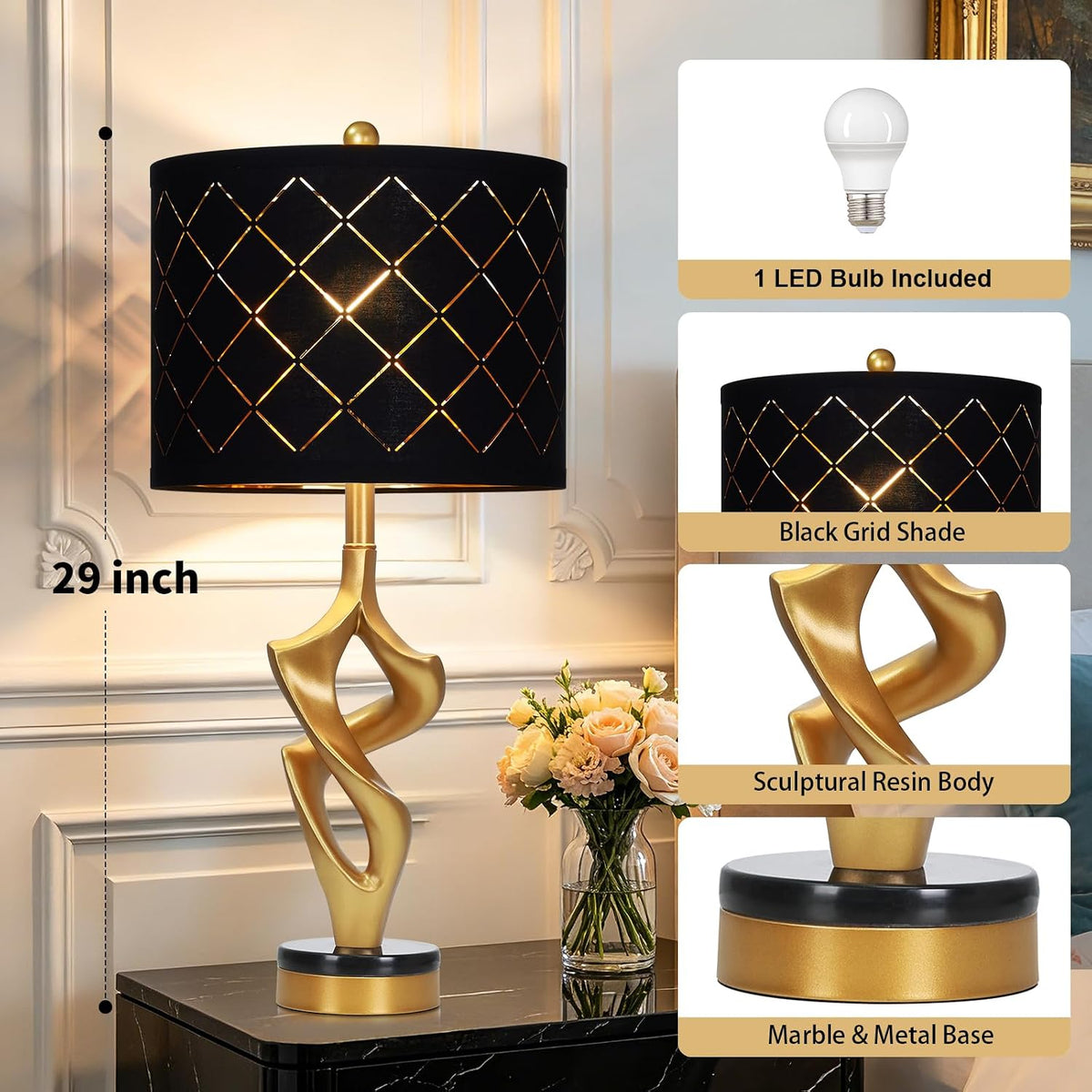 29" Tall Black and Gold Table Lamp, 3 Color Temperatures, Modern Sculptural Resin Lamp with Grid Shade (1 LED Bulb Included)