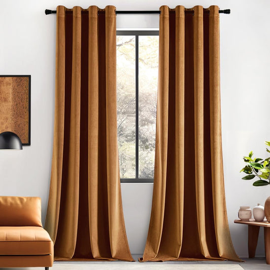 Fall Decor Velvet Curtains, Grommet Thermal Insulated, W52 X L84, 2 Panels, Gold Brown