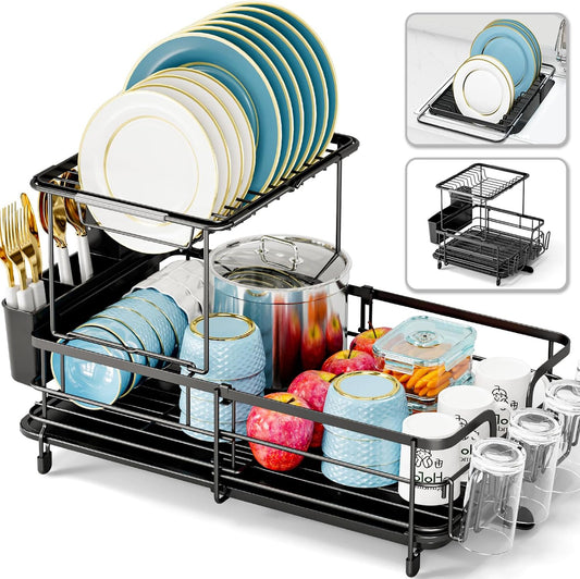 2 Tier Dish Drying Rack, Expandable for Kitchen Counter, Black