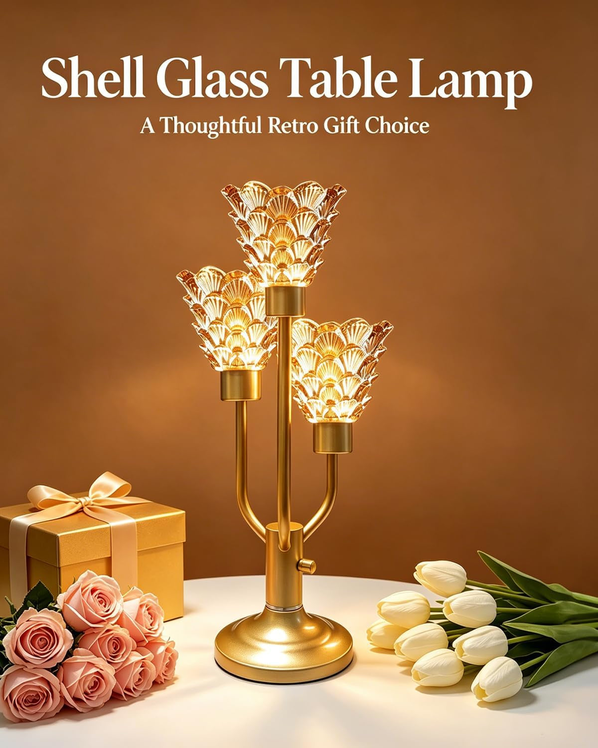  Modern Gold Glass Table Lamp Dimmable 3 Bulbs Included, Nightstand Lamp Vintage, with Amber Glass Warm white 