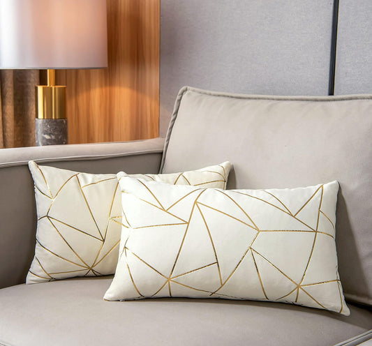 Pack of 2 Velvet Lumbar Throw Pillow Covers Velvet Decorative Soft Gold Foil Geometric Pattern Cute Cushion Case for Modern Homes Sofa Couch Bedroom Living Room Car (White and Gold, 12“X20”)