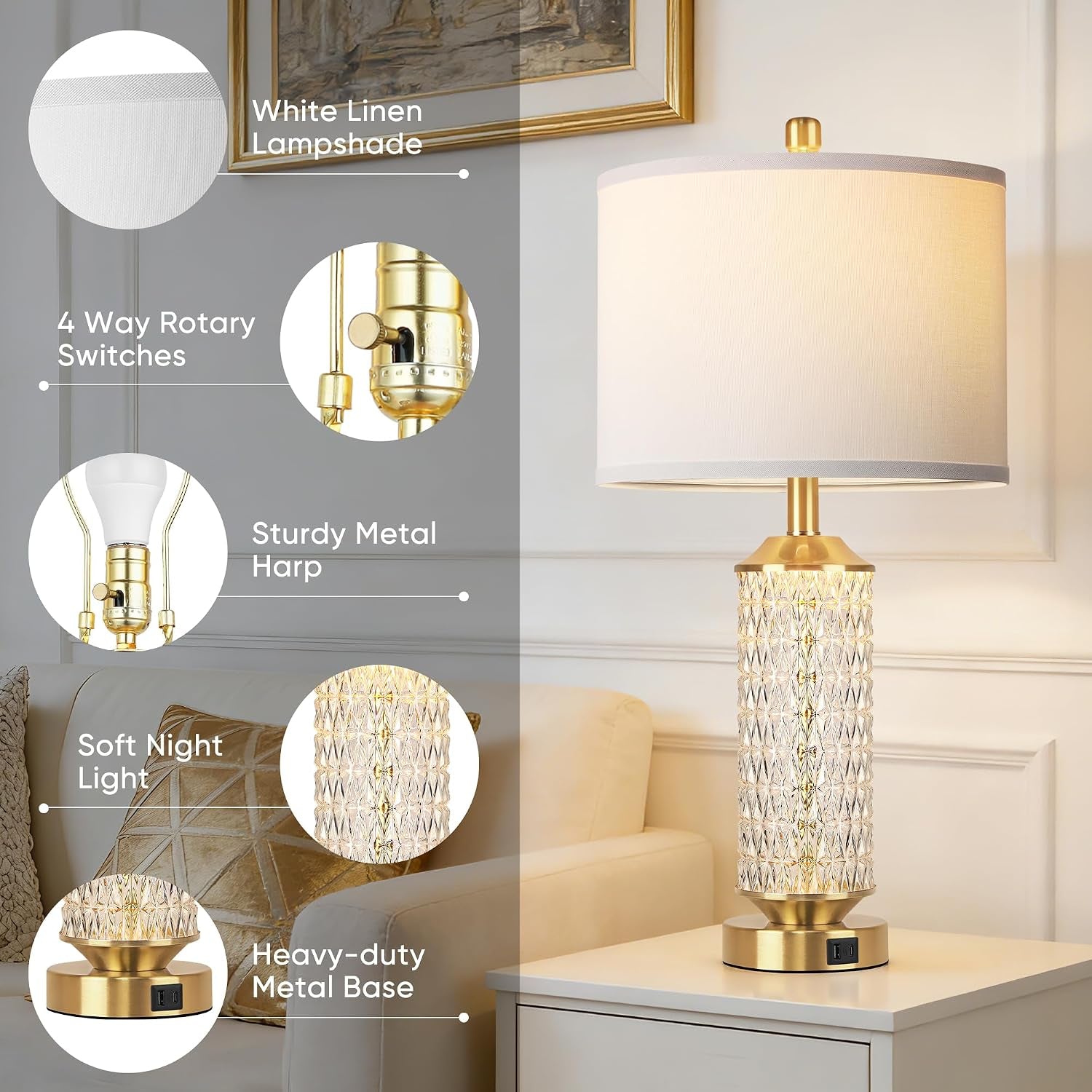 Glass Table Lamps Set of 2, Modern Gold Lamps, Two 2700K LED Bulbs, High-Transparency Glass Body
