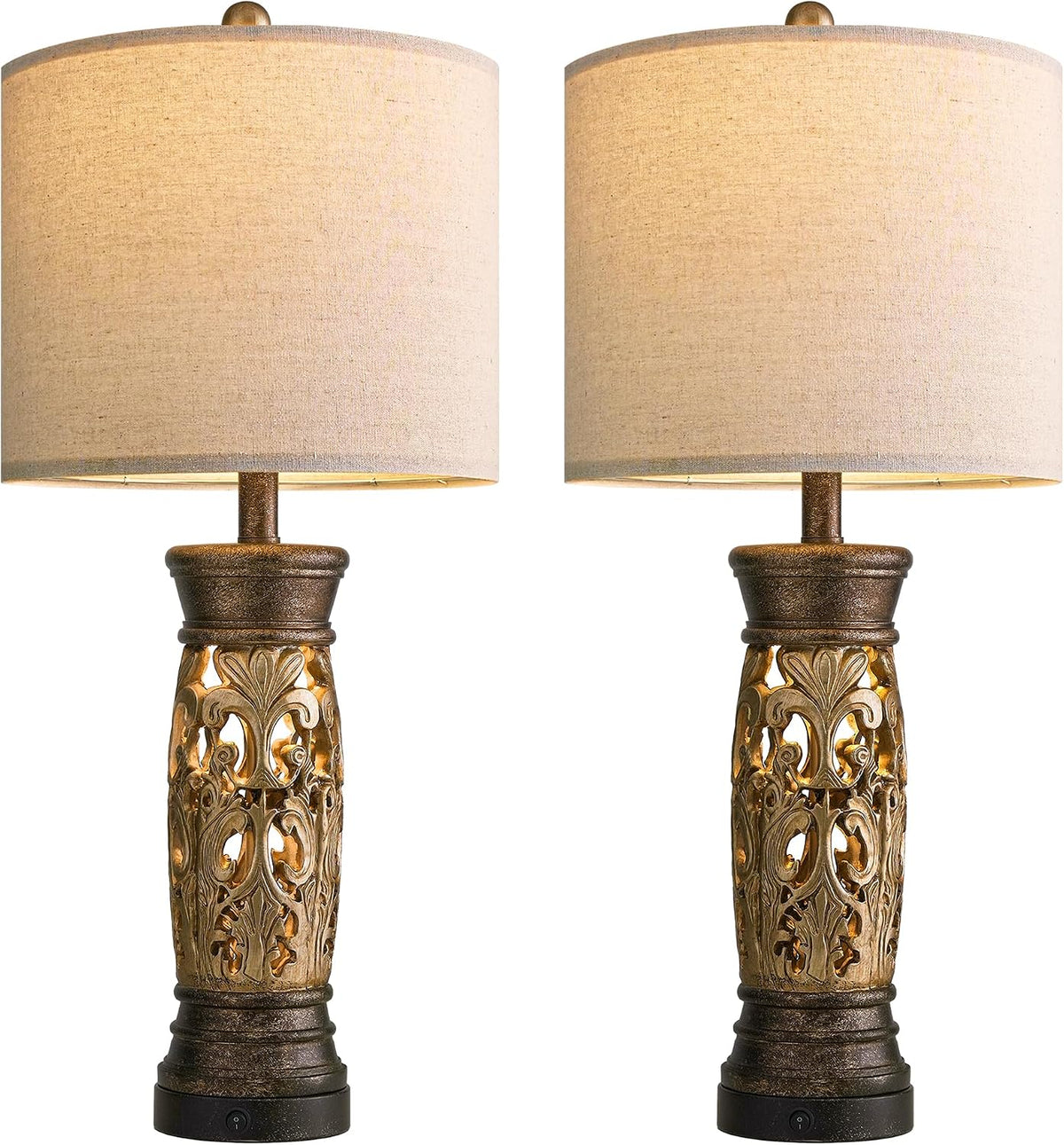 27.25” Antique Gold Table Lamps Set of 2 – Farmhouse Bedside Lamps with Night Light, Vintage Lamps (Bulbs Included)