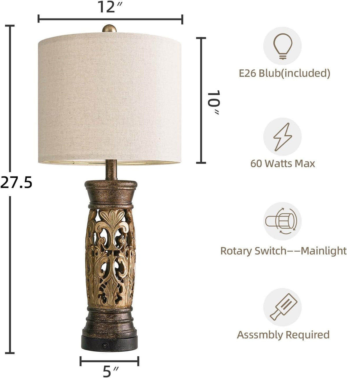 27.25” Antique Gold Table Lamps Set of 2 – Farmhouse Bedside Lamps with Night Light, Vintage Lamps (Bulbs Included)