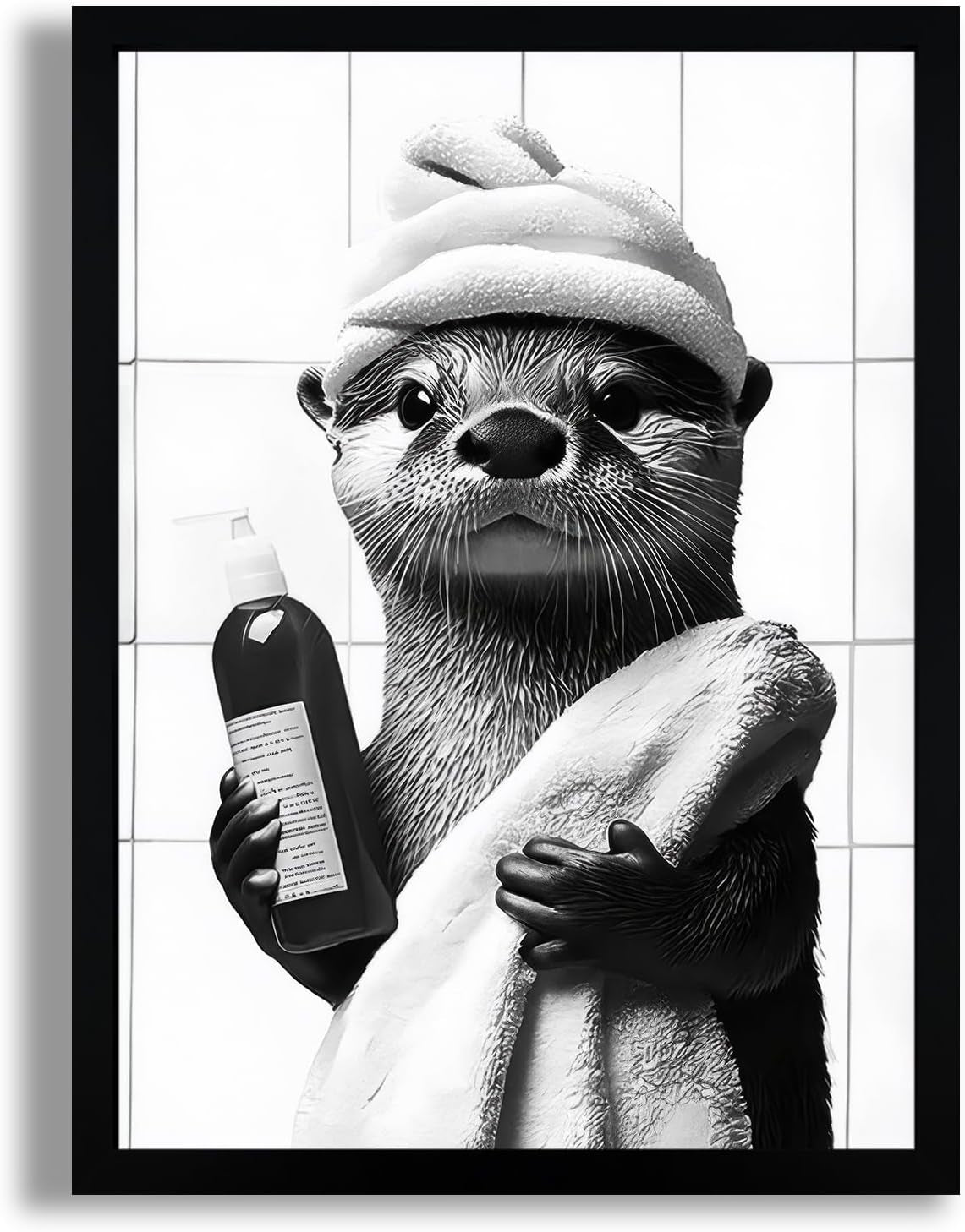 Framed Black and White Bathroom Canvas Wall Art, Funny Otter Wall Decor, Farmhouse Humor Animal Art Prints Ready to Hang 12X16 Inches