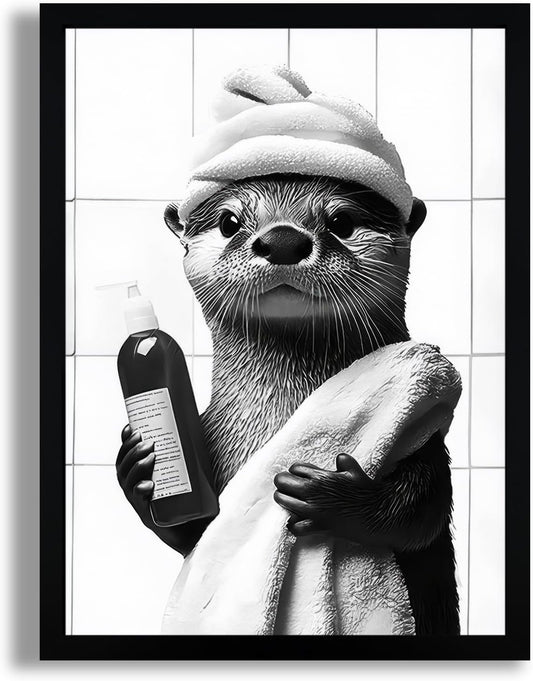 Framed Black and White Bathroom Canvas Wall Art, Funny Otter Wall Decor, Farmhouse Humor Animal Art Prints Ready to Hang 12X16 Inches