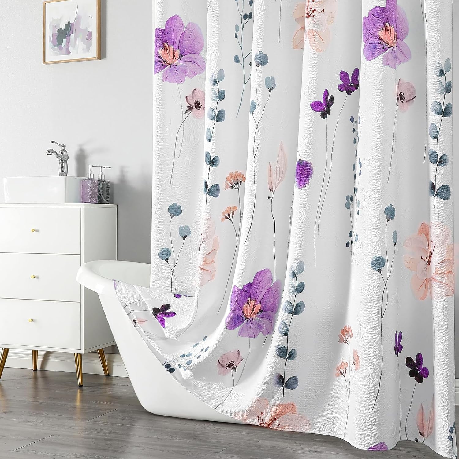 Watercolor Floral Shower Curtain, 3D Embossed Butterflies Purple Pink Flower Bathroom Curtain, Minimalist White Cloth with Hooks, 72X72