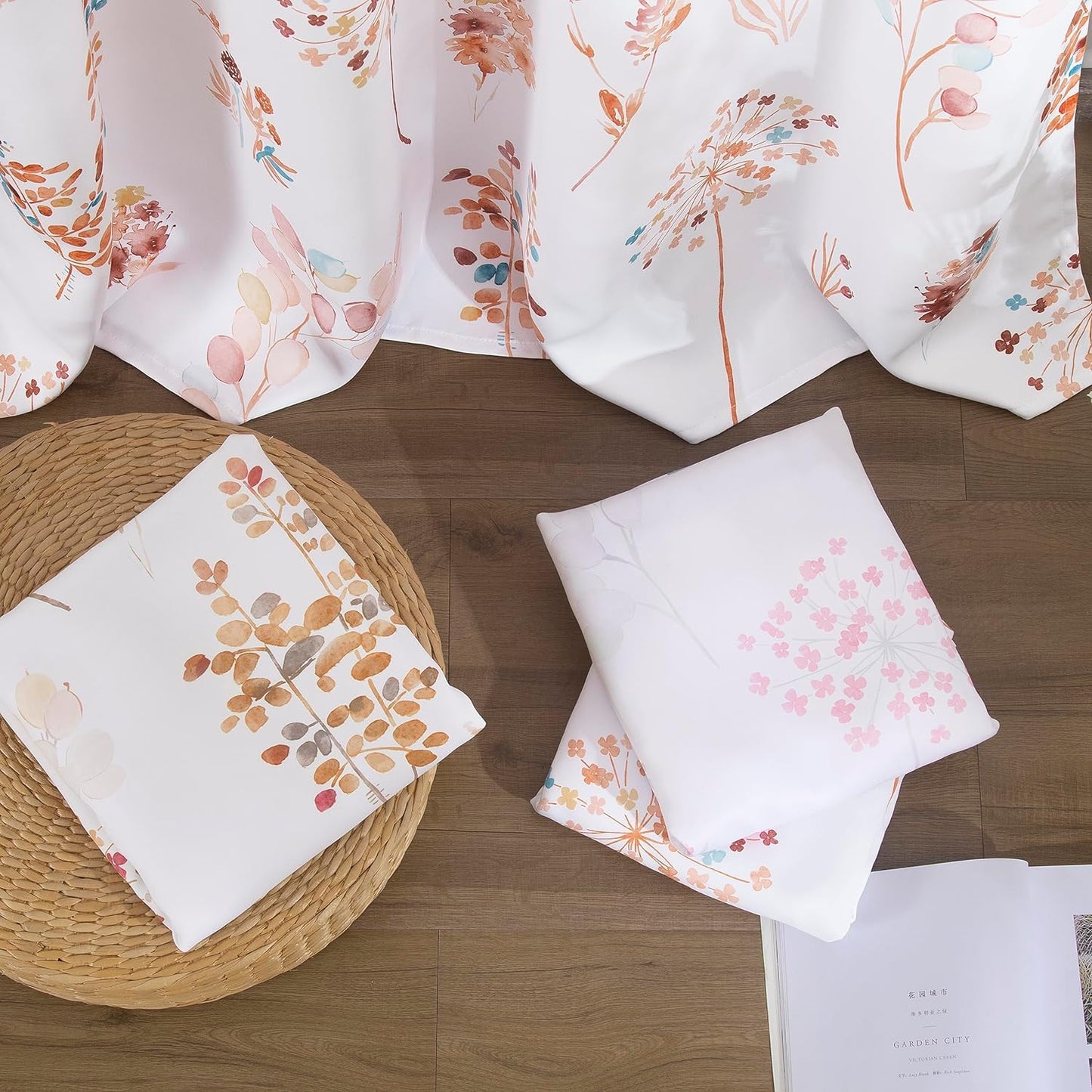 Floral Pattern Curtains ,52X84 Inches Long, Rust Colored Brown and White, 2 Panels