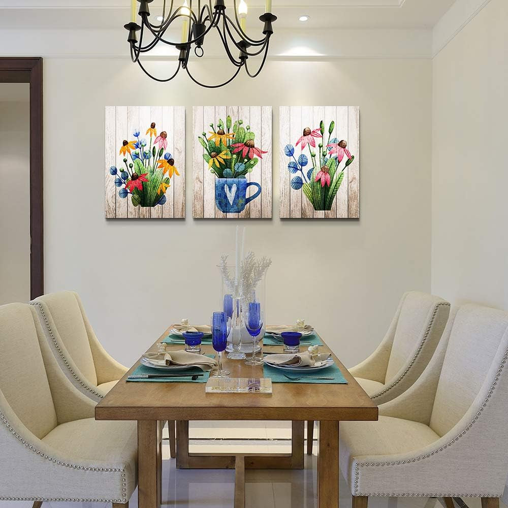 Vintage Wood Grain Plant Flowers Wall Art for Kitchen, 3 Pieces Framed Canvas