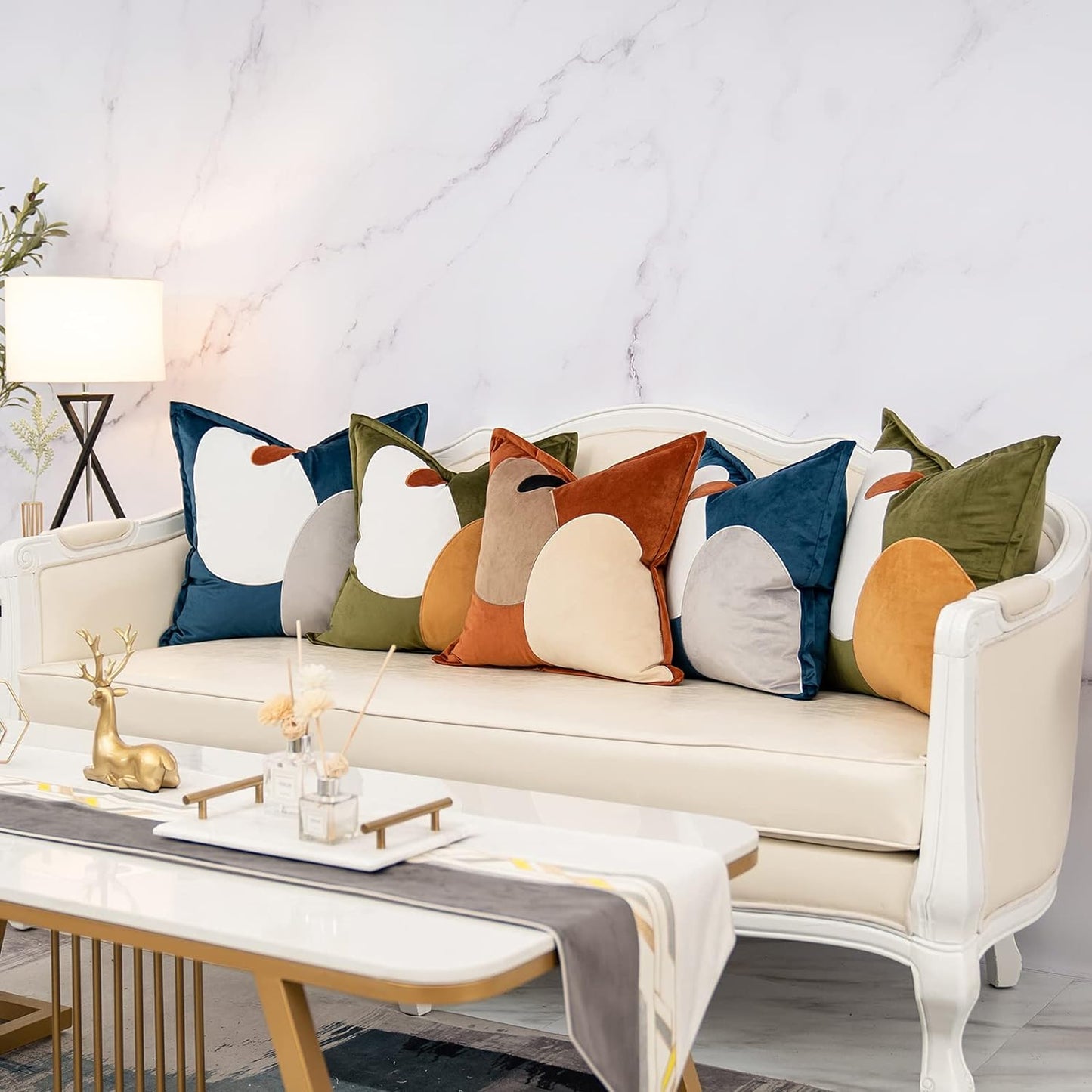 Blue Decorative Velvet Throw Pillow Cover with Cloth Texture Patchwork Cushion Case Modern 18X18 Inch Pillowcase for Sofa Couch Bedroom Living Room Home Decor