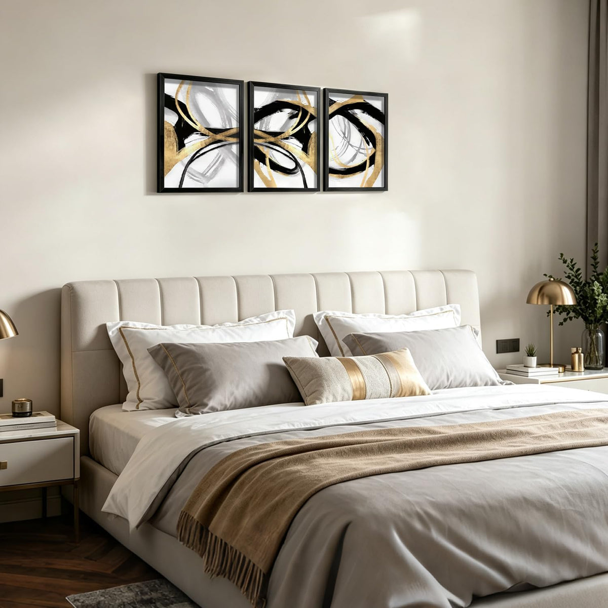 3Pcs Black Framed Black Gold and White Canvas Wall Art 12X16 Inches