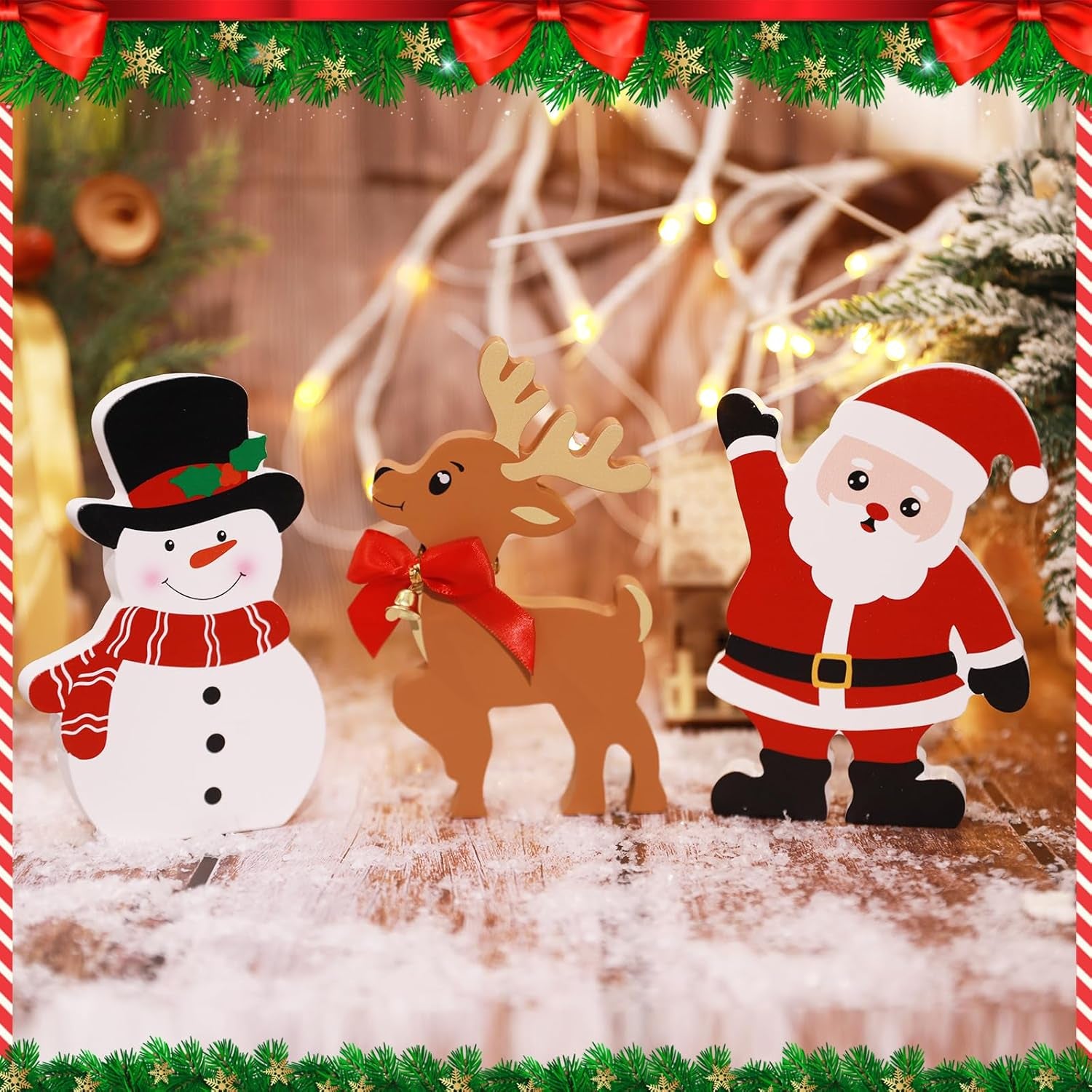 Snowman Christmas Decorations Indoor, Set of 3, Wooden (Santa Claus Reindeer)