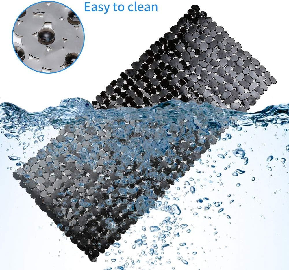 Non-Slip Pebble Bathtub Mat Black 16 W X 35 L Inches (For Smooth/Non-Textured Tubs Only) Safe Shower Mat with Drain Holes, Suction Cups for Bathroom