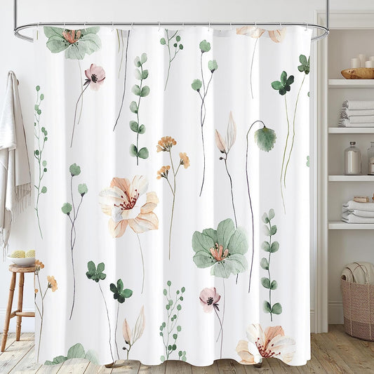 Shower Curtain, Sage, Green, & Beige Flowers, Modern Minimalist White with Hooks 72X72 Inch
