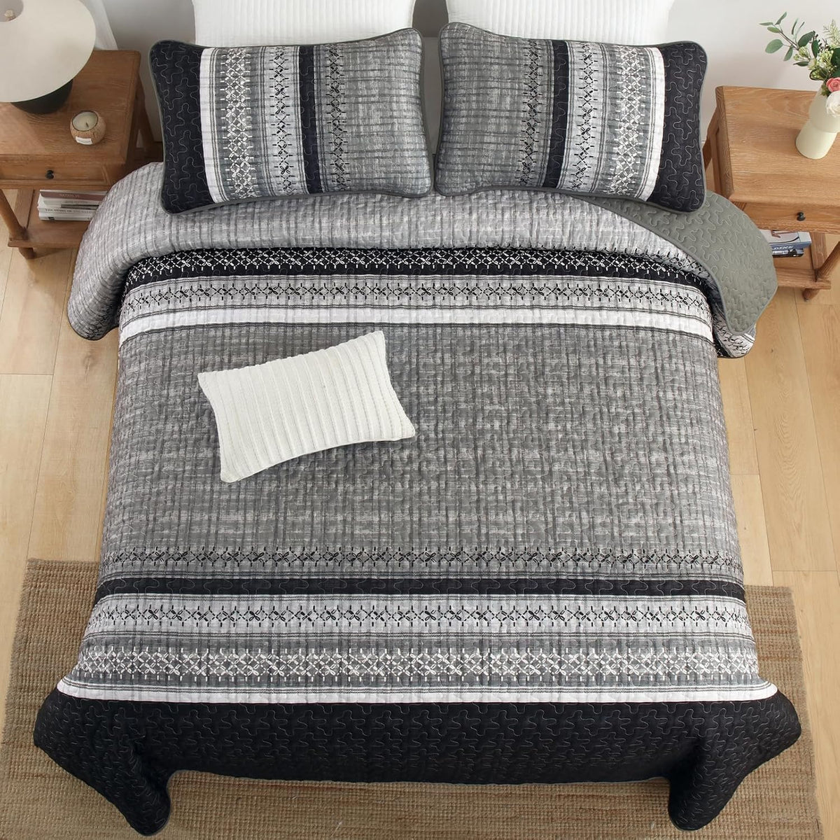 Quilt King Size,Black Grey Patchwork Striped Bedspread 3 Pcs