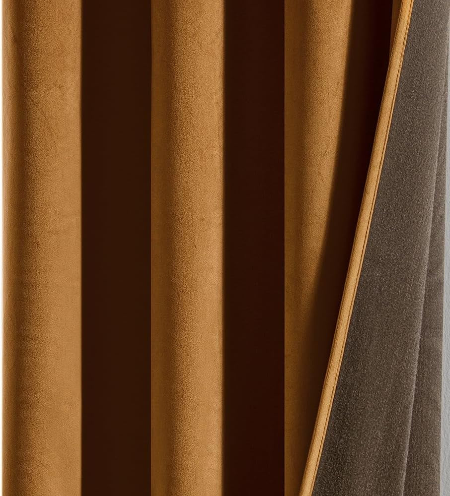 Fall Decor Velvet Curtains, Grommet Thermal Insulated, W52 X L84, 2 Panels, Gold Brown