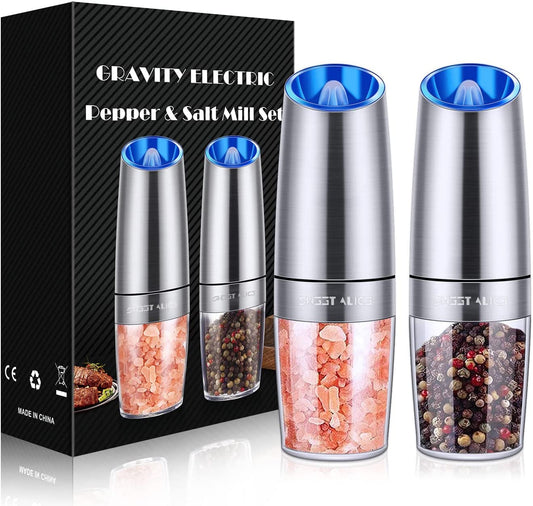 Gravity Electric Pepper and Salt Grinder Set, Salt and Pepper Mill & Adjustable Coarseness, Battery Powered with LED Light, One Hand Automatic Operation, Stainless Steel (Set/Silver)