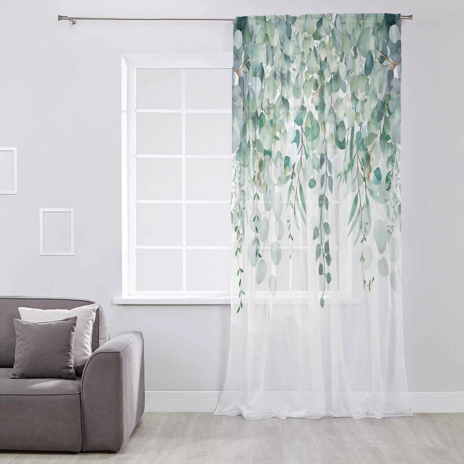 Teal Eucalyptus Leaves Semi Sheer Curtains Drapes, French Doors Window 54 Inches Long, Spring Floral Summer Botanical Rod Pocket Chiffon Curtain Drapery Voile Drape Panel