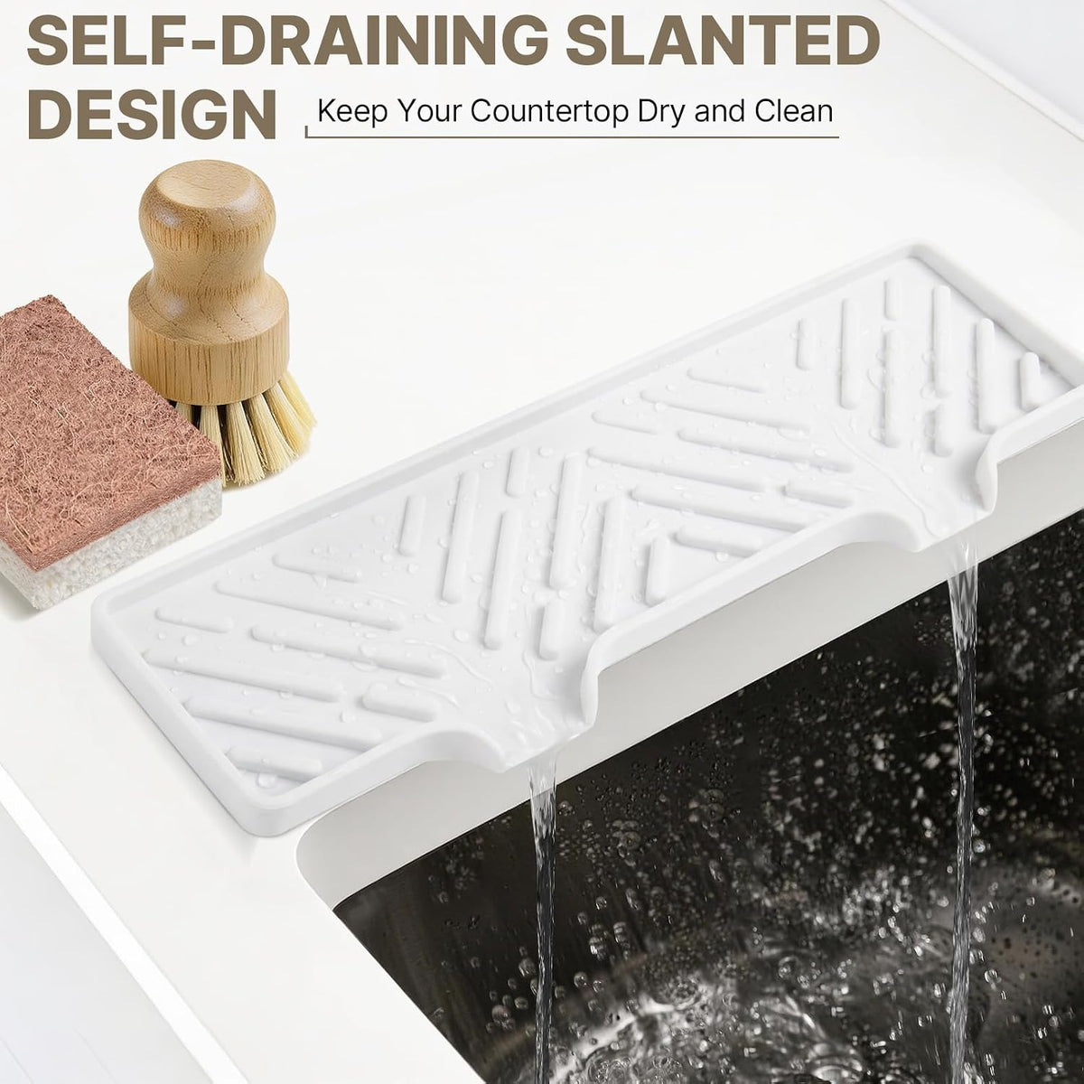 Kitchen Soap Dispenser with Self Draining Silicone Tray, Brush Sponge, Gold