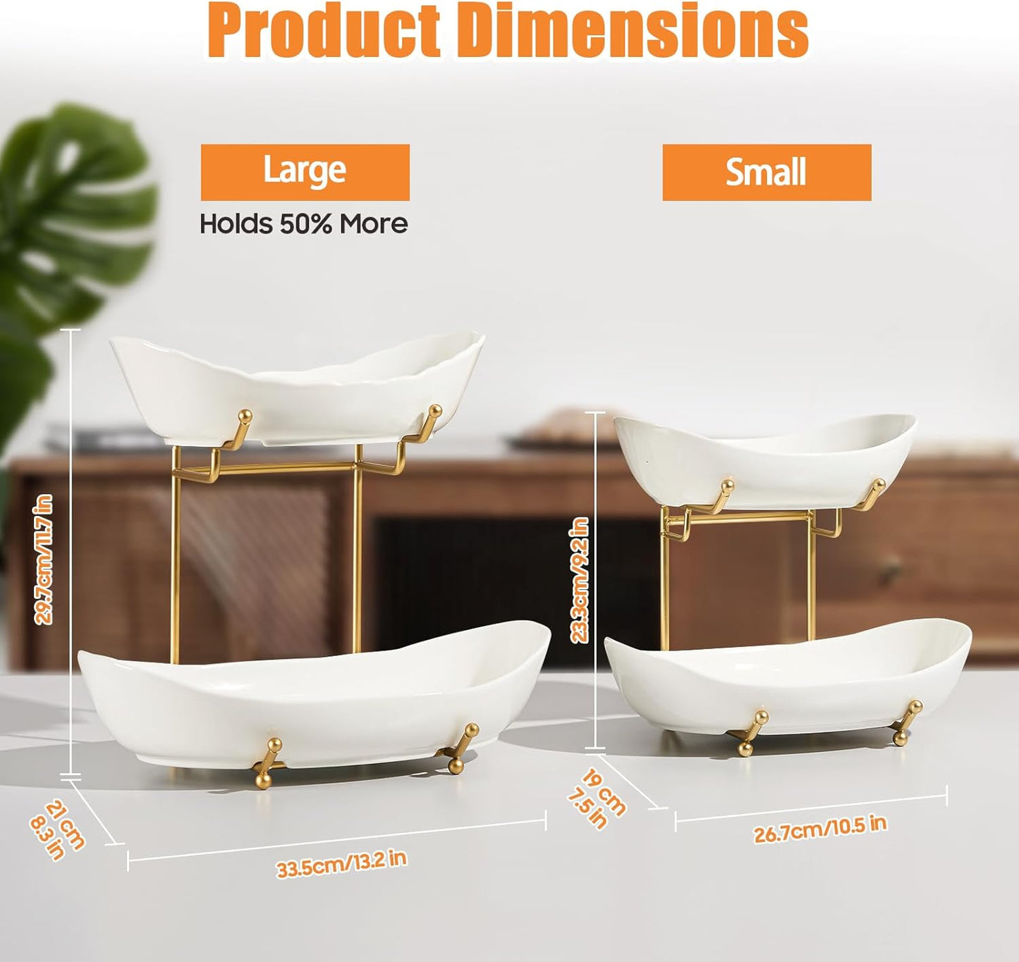 2 Tier Fruit Bowl, Ceramic Fruit Basket for Kitchen Counter with Metal Stand, Modern, Gold White, Large