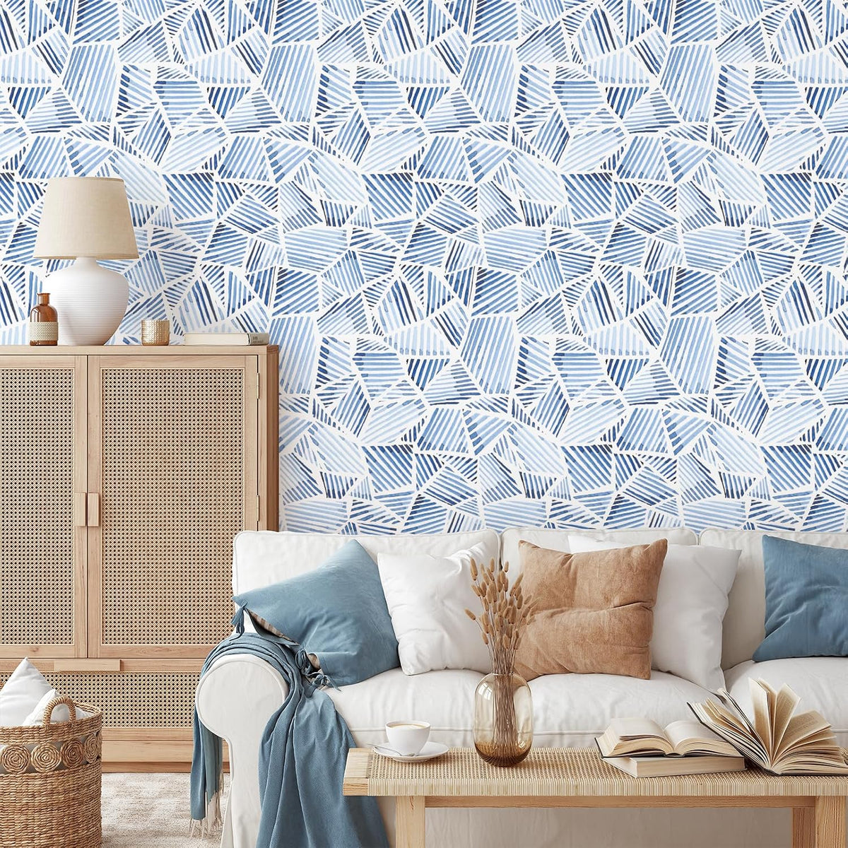 Blue Geometric Peel and Stick Wallpaper, Brushstroke Pattern, Self-Adhesive Waterproof Contact Paper, 17.3 Inch X 6.5 Feet