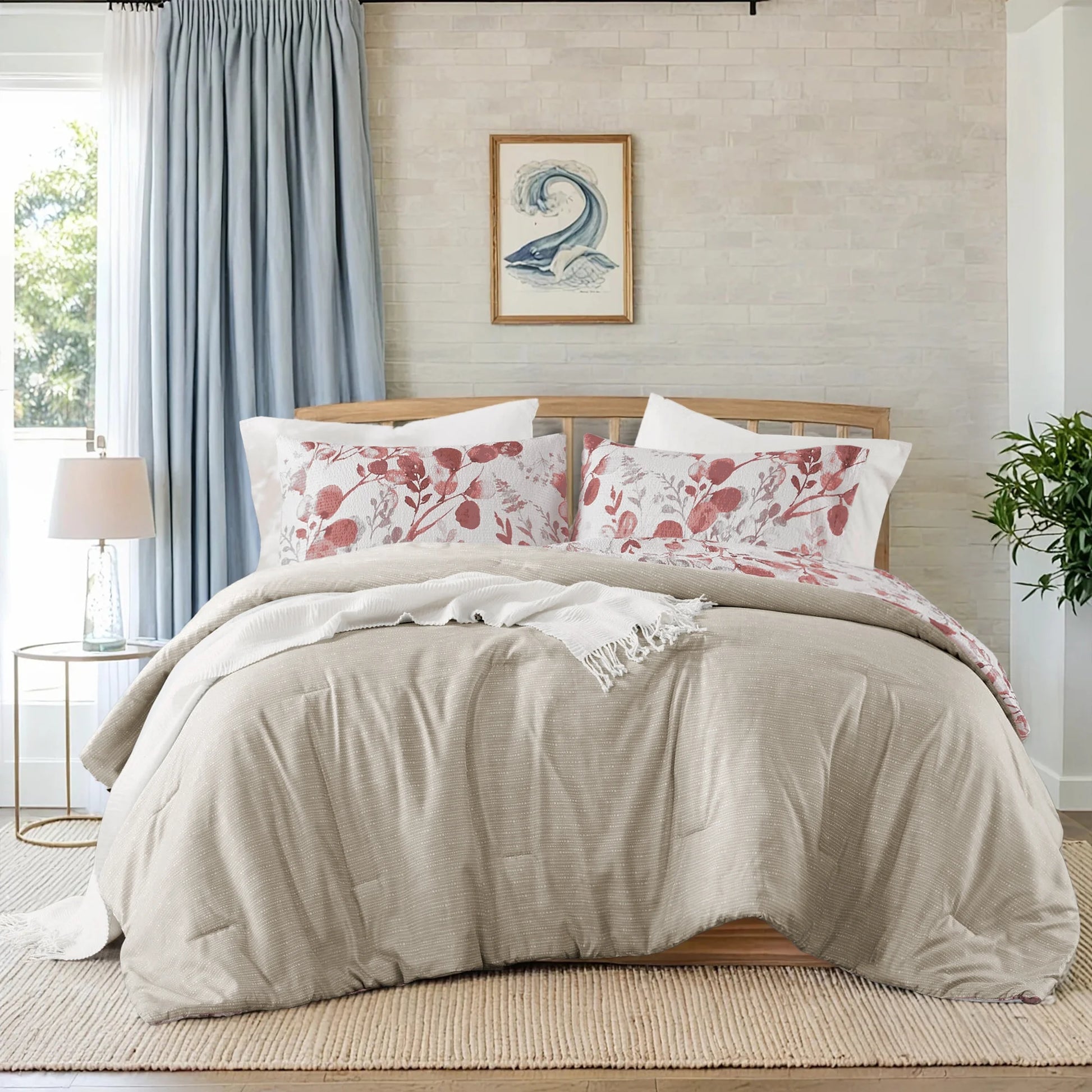 King/Cal King Comforter Sets, Reversible Seersucker Floral Bedding Sets, 3 Piece Lightweight Pink Blush Botanical Flowers Comforter Bed Set 