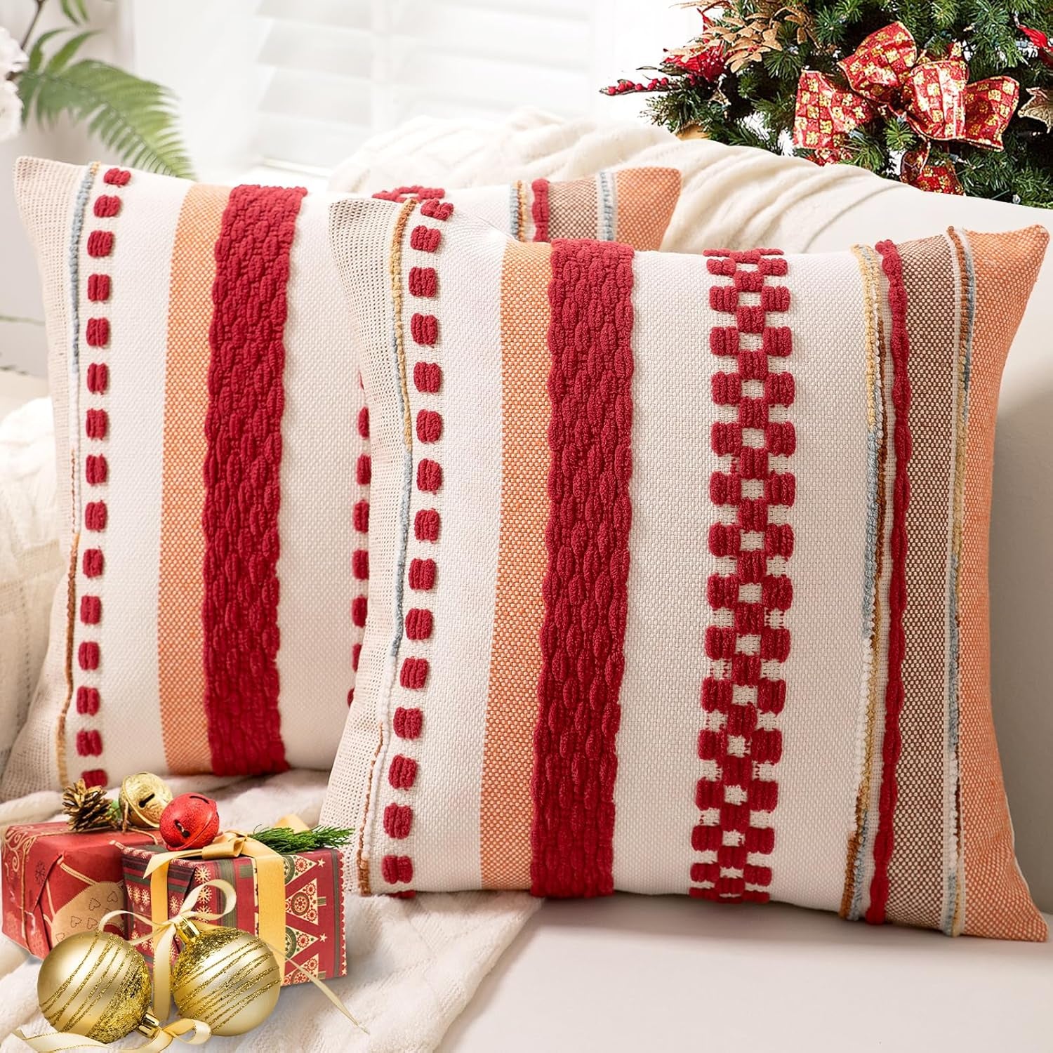 Boho Throw Pillow Covers 18X18 Set of 2 Decorative Cushion Case Striped Square Pillows Cover, Red