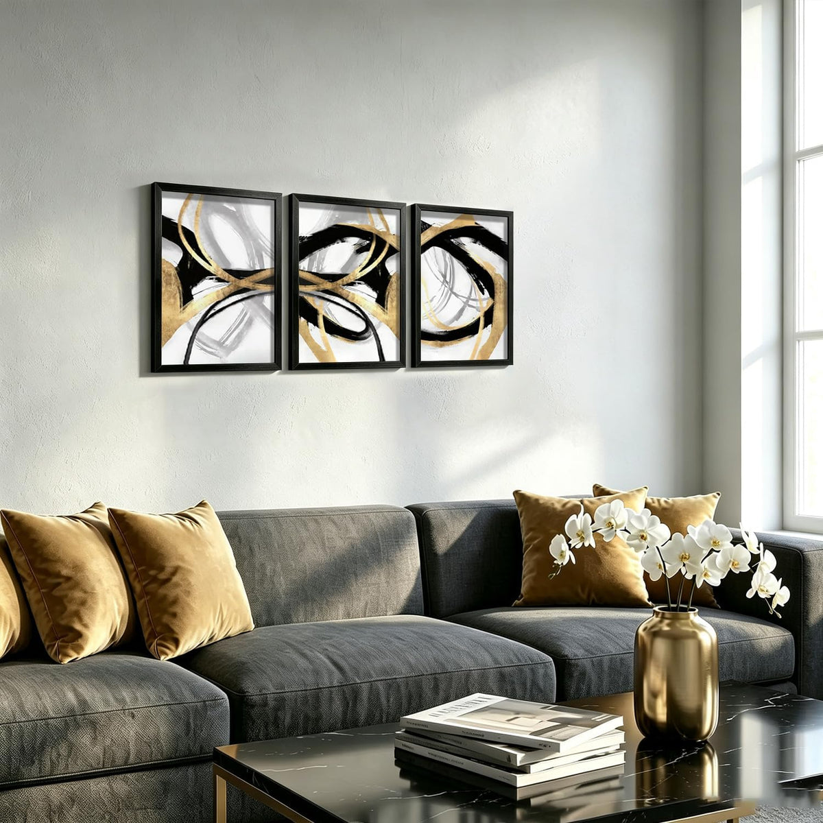 3Pcs Black Framed Black Gold and White Canvas Wall Art 12X16 Inches