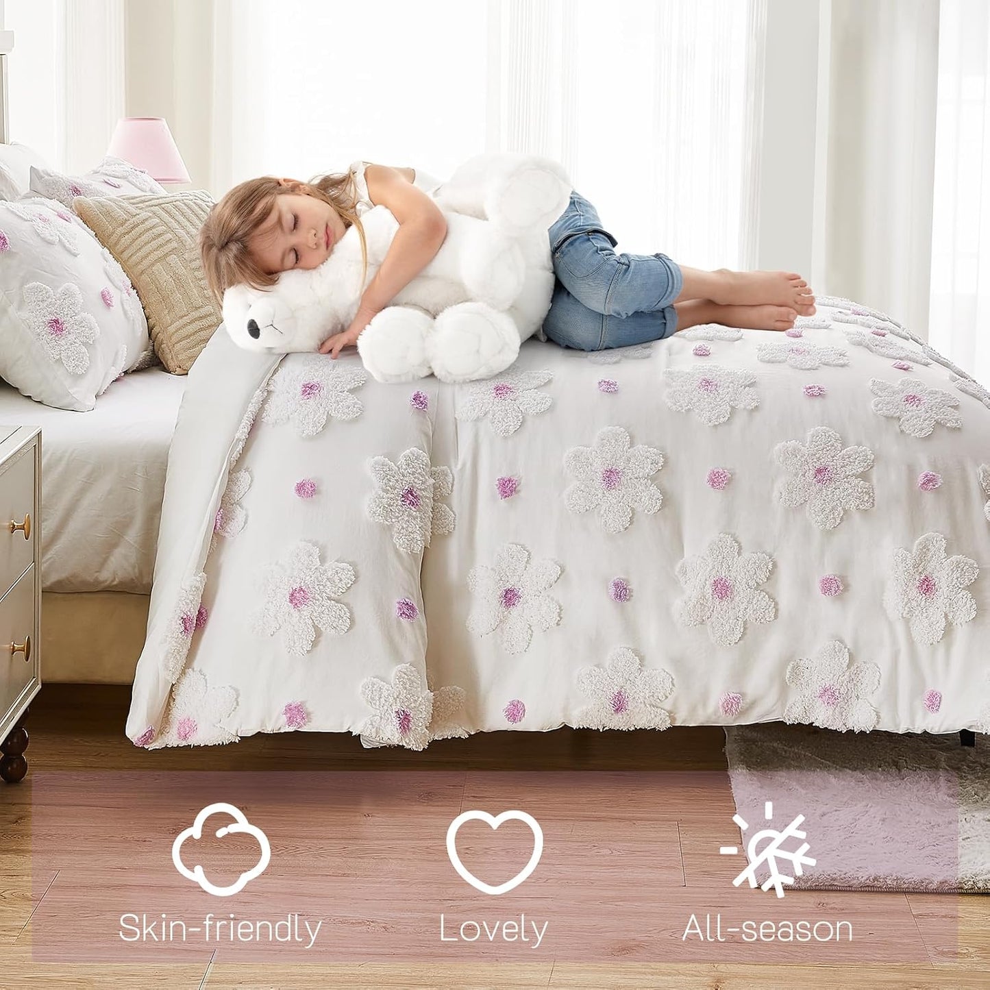 Twin Comforter Set for Girls 2 Pieces Tufted Daisies Flowers. Purple Floral Bedding, Lightweight