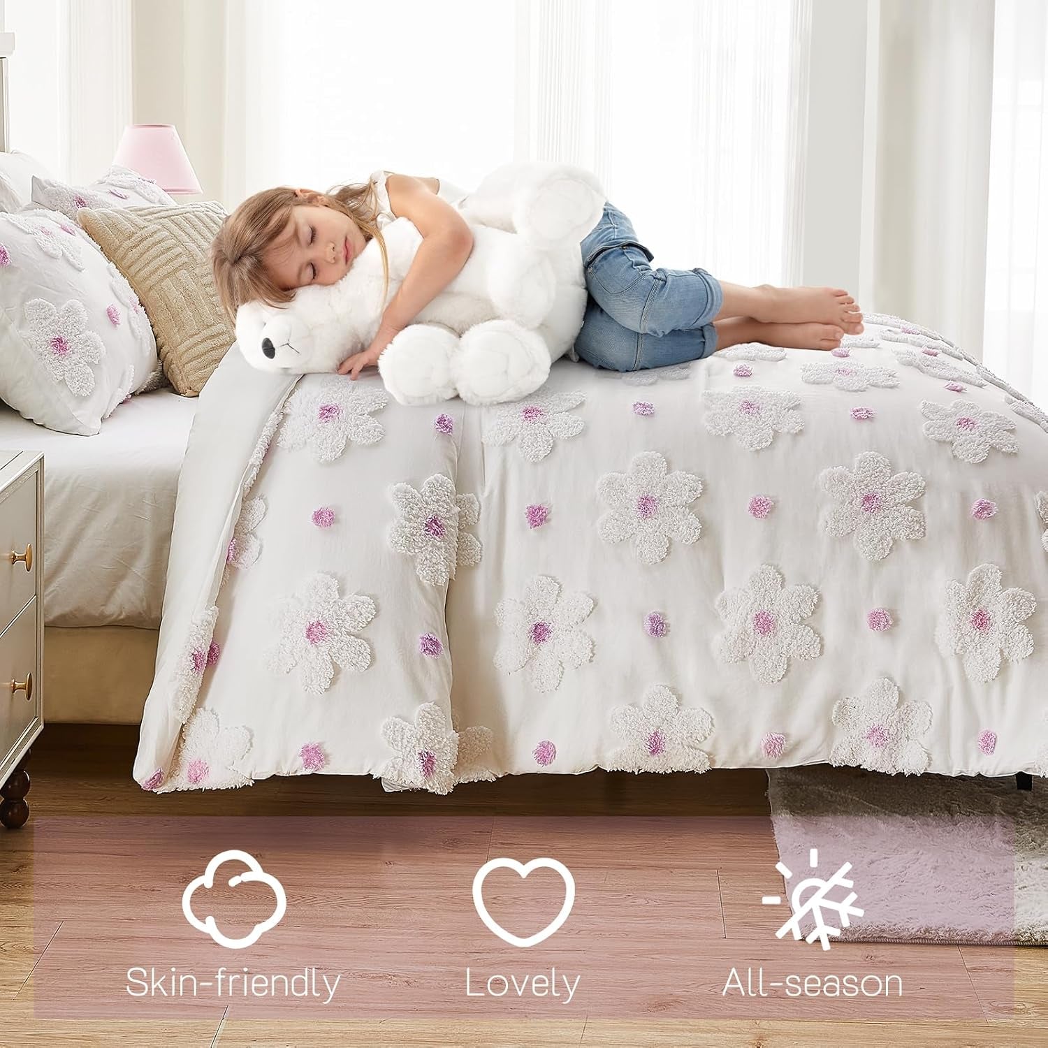 Twin Comforter Set for Girls 2 Pieces Tufted Daisies Flowers. Purple Floral Bedding, Lightweight