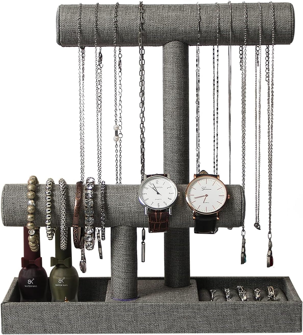 2 Tier Necklace Bracelet Holder Organizer with Ring Tray, (Gray Linen)
