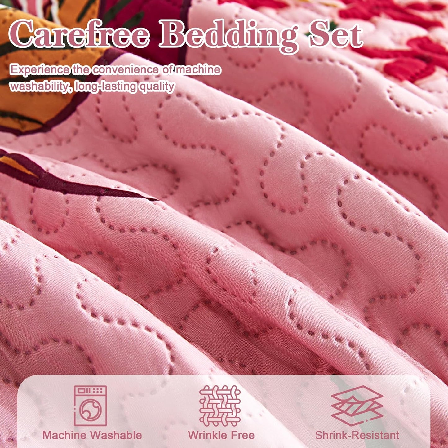 3 Piece Pink Boho Floral Full/Queen Quilt Sets Farmhouse Botanical Reversible Lightweight Bedspread Butterfly Leaves, 118''X106''