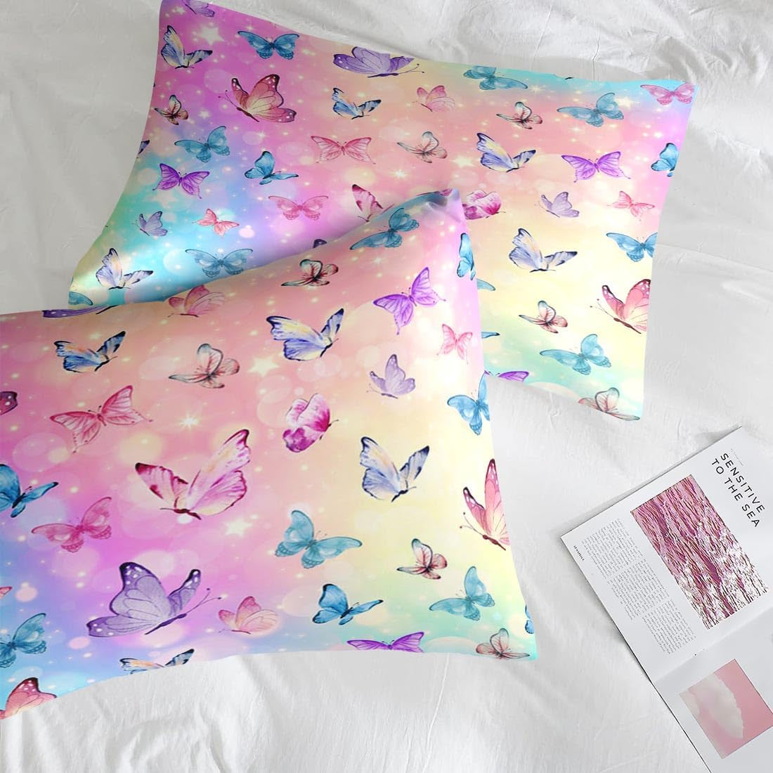 Comforter Set Twin Size, Pink Blue Butterfly 5 Pcs Bedding for Girls, Purple Colorful Rainbow Bed Sheet Sets with Fitted Sheet Pillowcase & Sham 
