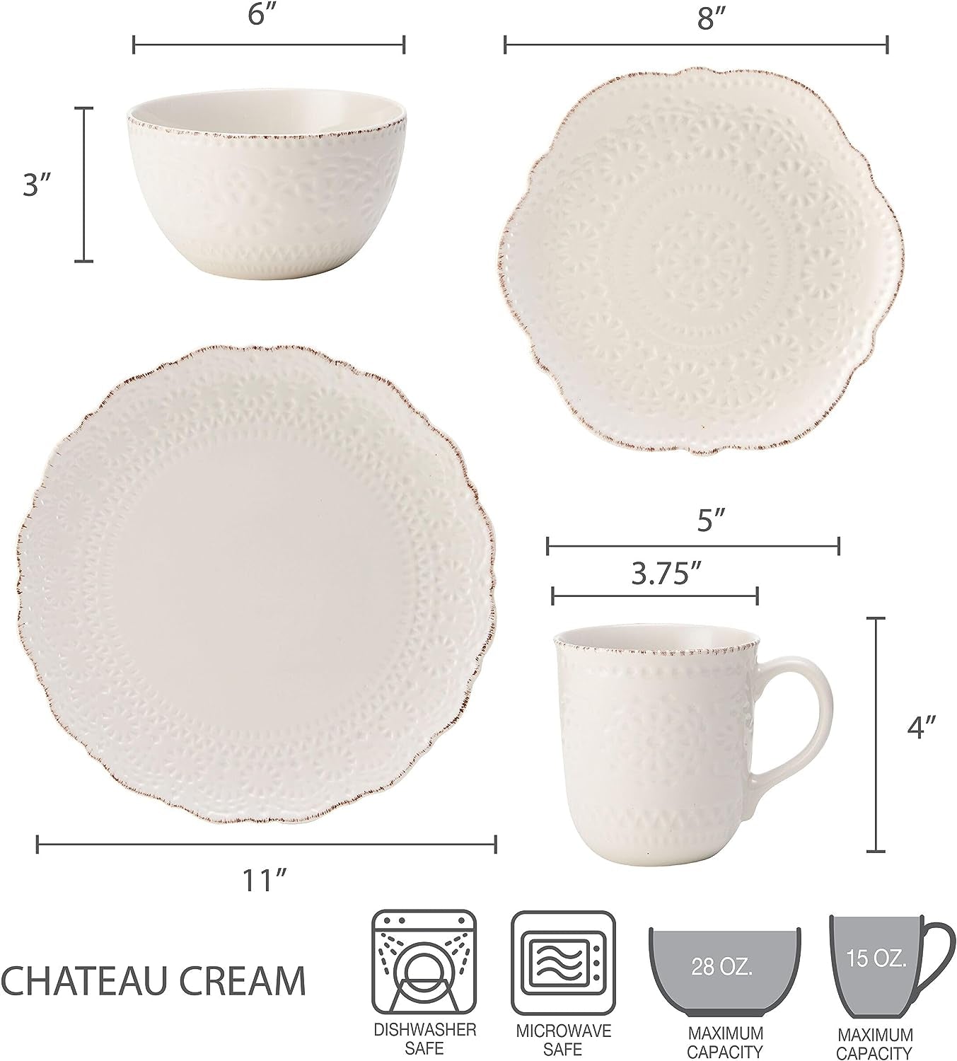 Chateau Cream 16-Piece Stoneware Dinnerware Set, Service for 4, off White