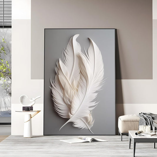 White Feather Canvas Wall Art (Black Framed, 15"X24"|40X60Cm)