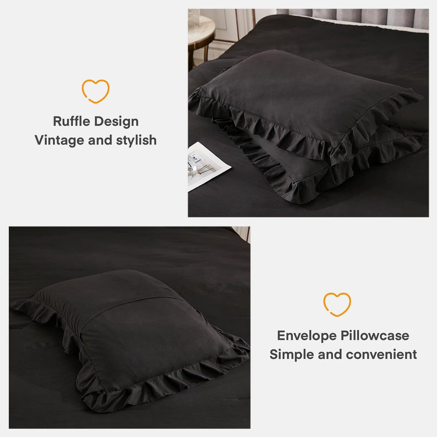 Black Full Size Comforter Set, 3 Pieces Ruffle Farmhouse Shabby Chic Bedding