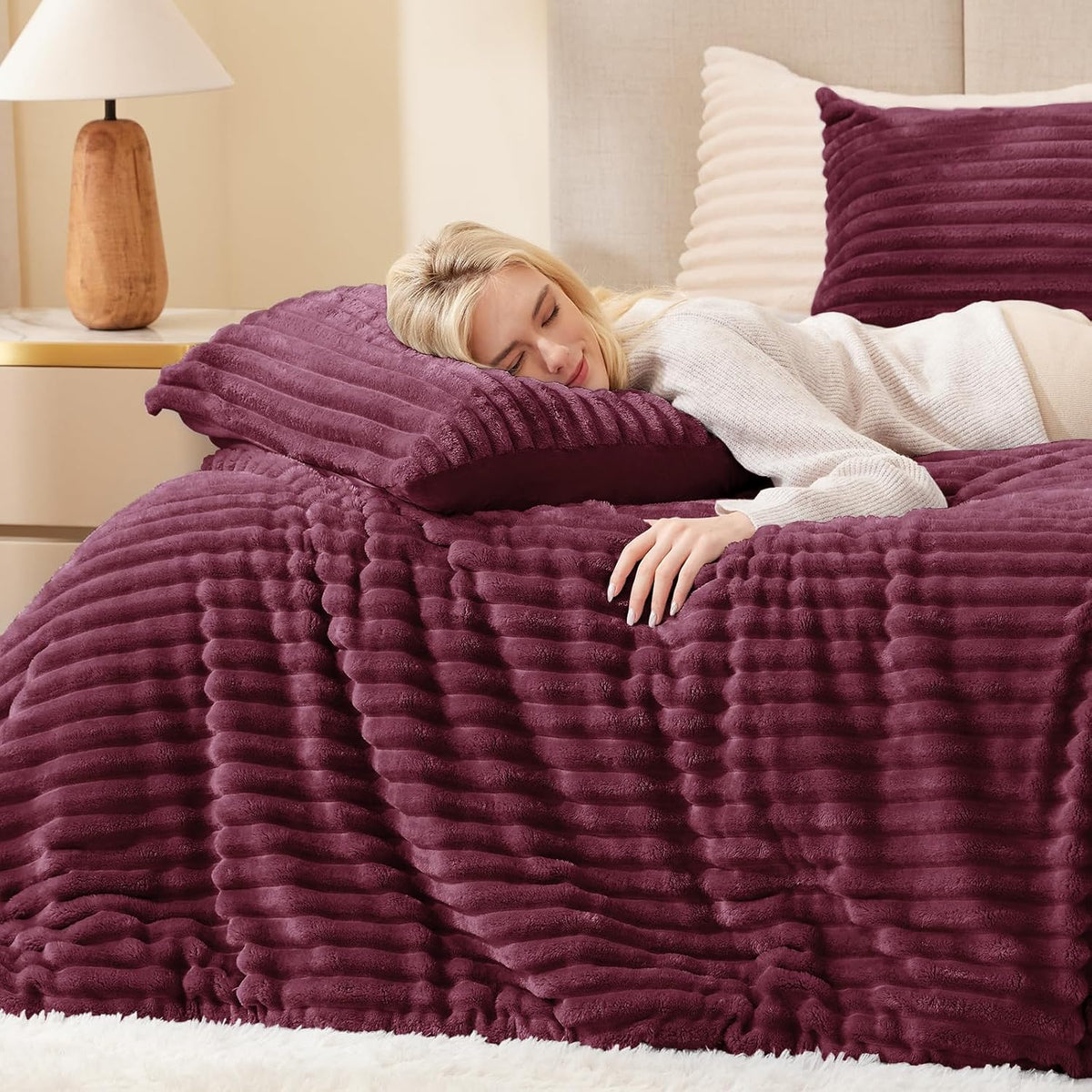 Fluffy Comforter Set Twin Size,2 Pieces Bed Set,Burgundy
