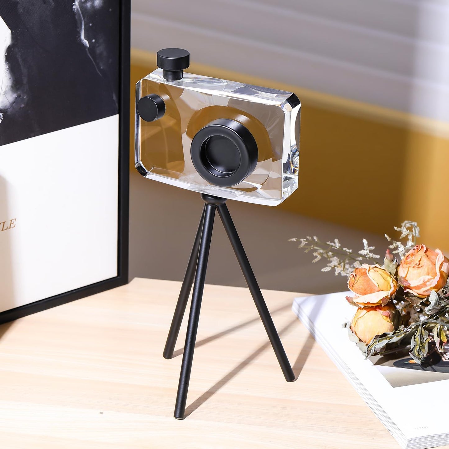Crystal Camera Model Statues- Small Black with Bracket 3.94X5.12Inch 2.2Lb, Home Desktop Decoration