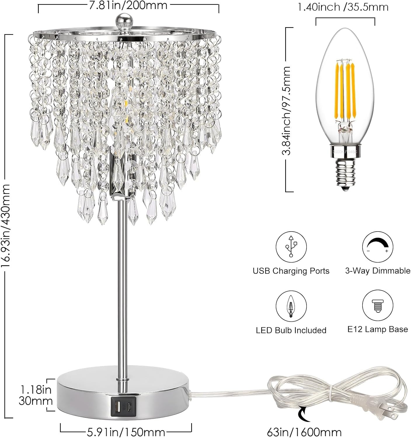 Elegant Crystal Side Table Lamp with USB C+A Charging Ports, B11 LED Bulb Included