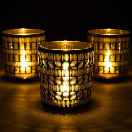 Votive Candle Holders, Set of 3 Black and Gold Glass Tealight Candle Holder with Woven Pattern, Vintage Tea Light Holders for Chirstmas Table Centerpieces Birthday Party Home Decor
