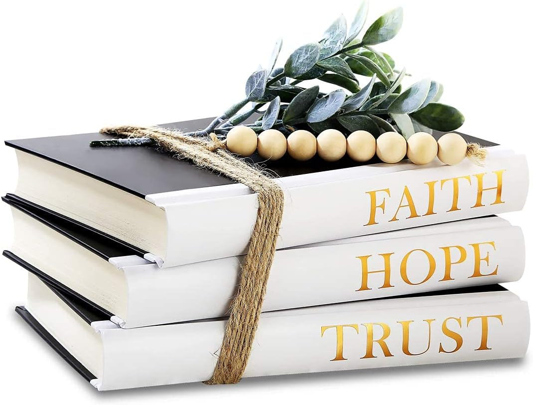 Decorative Hardcover Quote Books,Black and White Decoration Books, Farmhouse Stacked Books,Hope | Faith | Trust (Set of 3) Stacked Books for Decorating Coffee Tables and Bookshelf