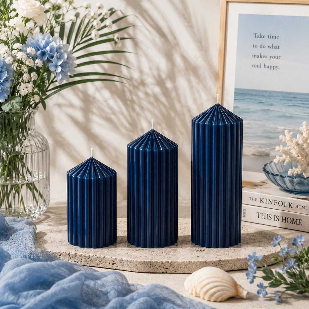 Blue Ribbed Pillar Candles Set of 3,Soy Wax Unscented Candle